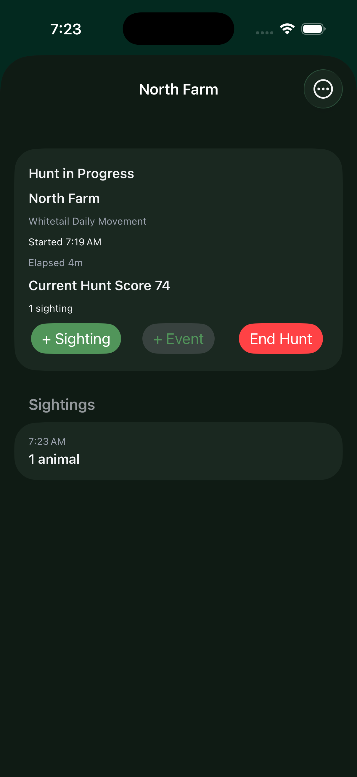 PrecisionHunt hunt journal showing an active hunt and recorded sighting