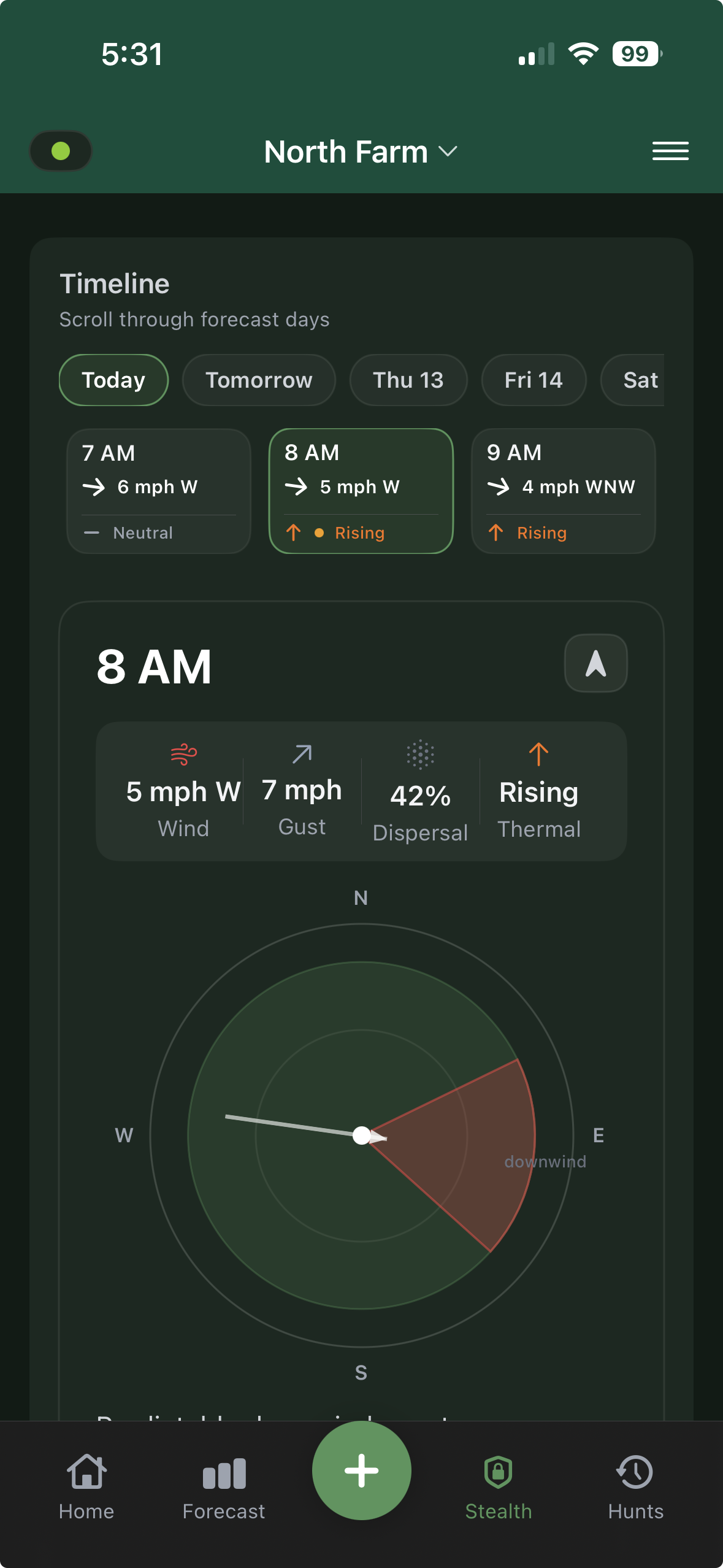 PrecisionHunt Stealth screen showing wind, thermals, and scent dispersal