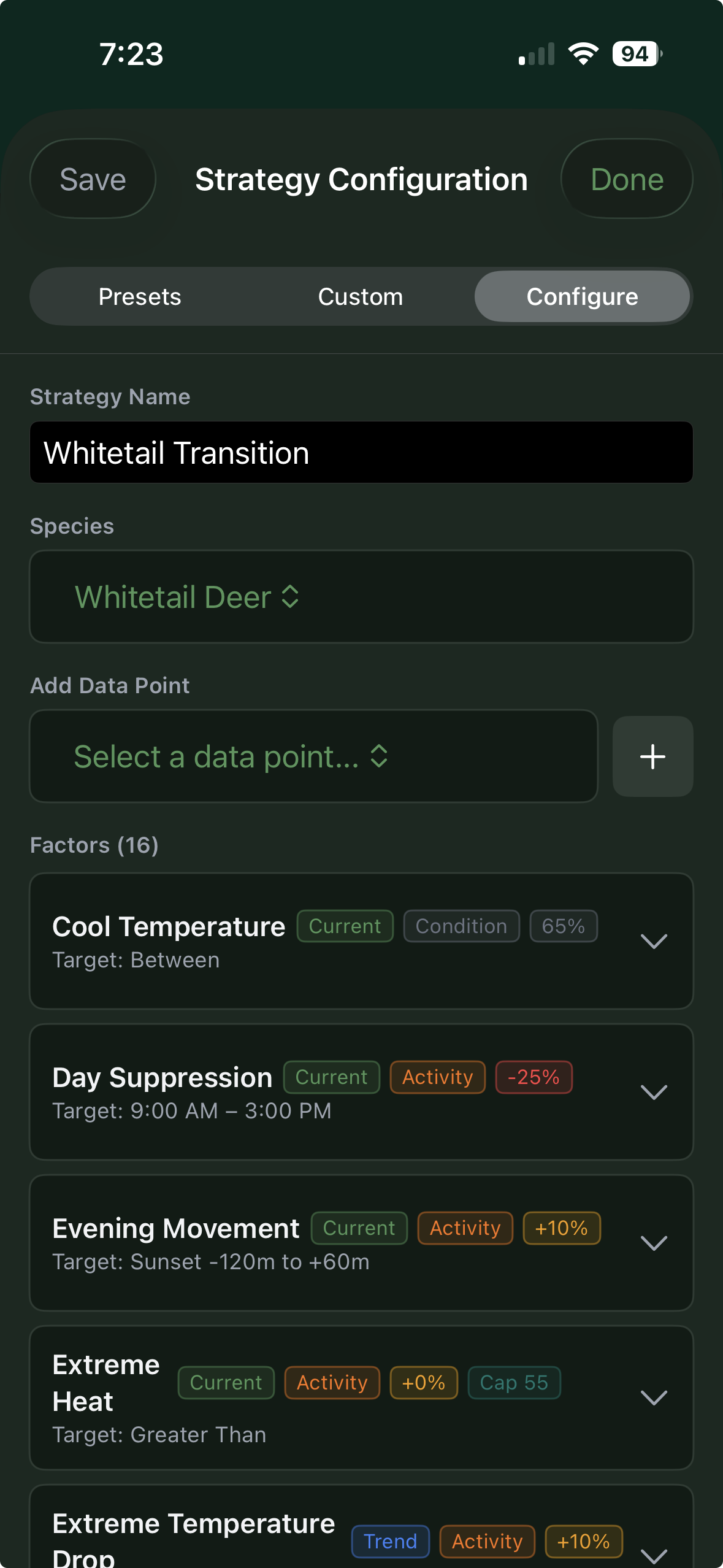 PrecisionHunt strategy builder screen